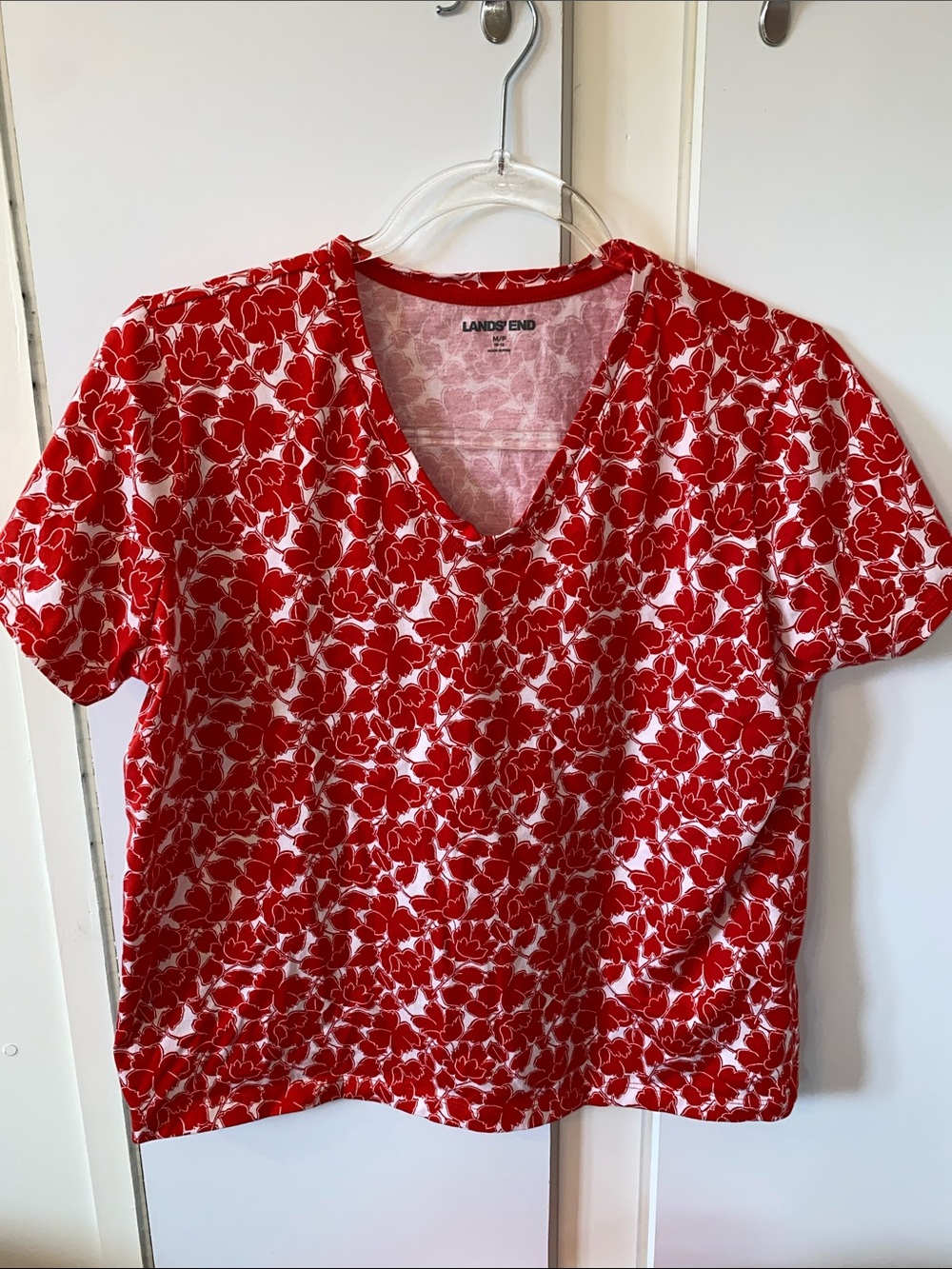 Lands End Red Floral Cotton T Shirt